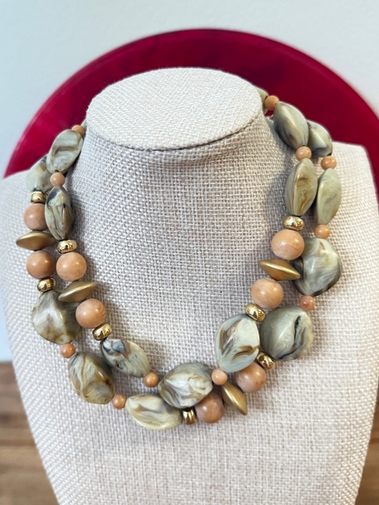 Napier Jewelry - Vintage Napier Chunky Beads Necklace Marbled Earth Tones Cream Brown Gold